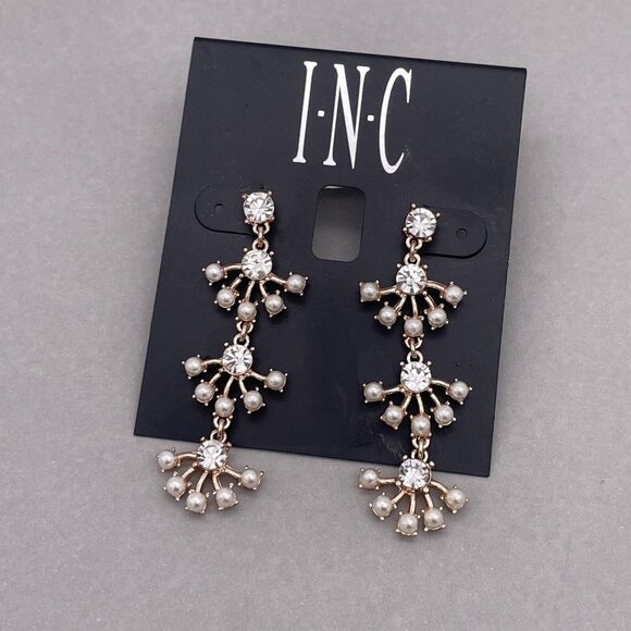 I.N.C Faux Pearl Crystal Dangle Drop Linear Earrings Post Back Closure - Picture 2 of 4